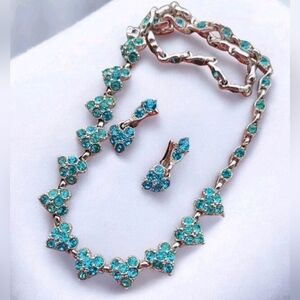 Vintage BOGOFF Signed Aqua Blue Rhinestone Heart Necklace & Clip On Earrings Set